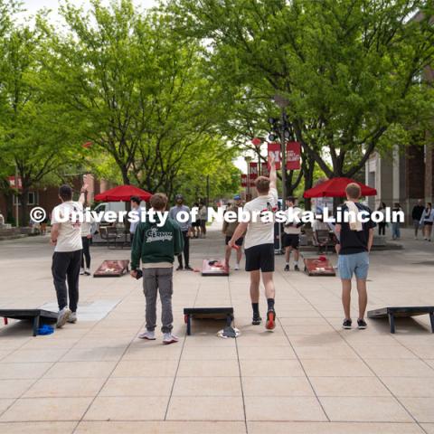 Student volunteers for the Big Event had the opportunity to play corn hole before the day started. May 4, 2024. Photo by Kirk Rangel for University Communication.